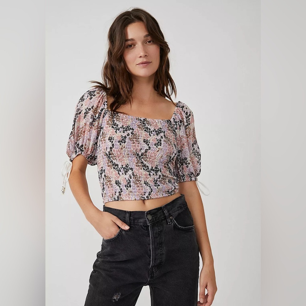 Free People Pink and Black Floral Crop Top